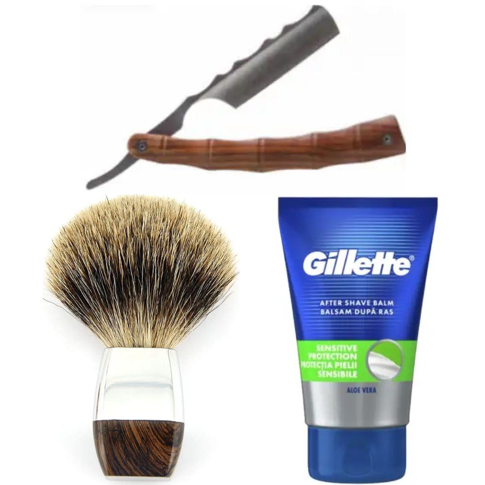 Небезпечна бритва/шавета розкладна Straight Razor + помазок борсук + бальзам після гоління Gillette Sensitive Protection, фото 1