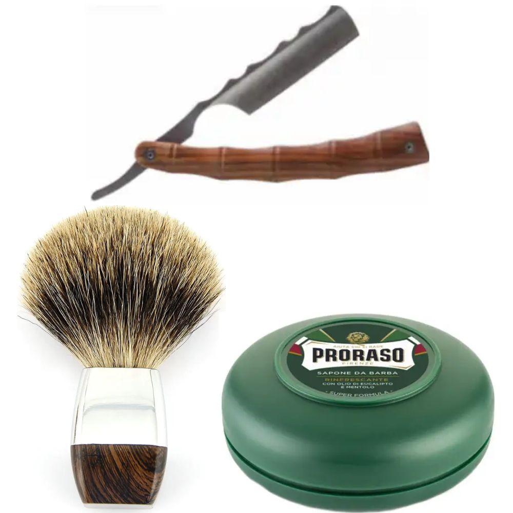 Небезпечна бритва/шавета розкладна Straight Razor + помазок борсук + мило для гоління Proraso Rinfrescante Green Eucalyptus 75 мл, фото 1