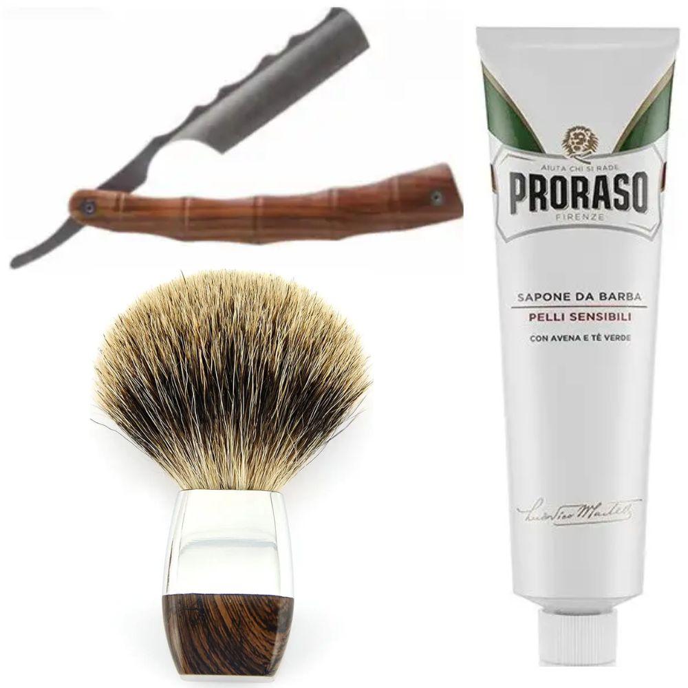 Небезпечна бритва/шавета розкладна Straight Razor + помазок борсук + крем для гоління Proraso для чутливої шкіри, фото 1