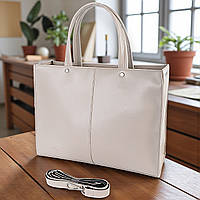 Велика жіноча сумка через бежеве плече з екошкіри містка сумка з довгим плечовим ременем вміщує А4
