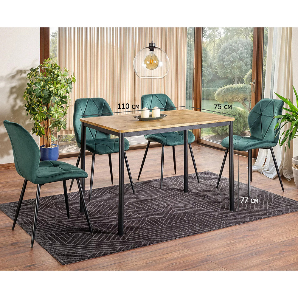 Обідній комплект City 110х75 см стіл артисан дуб з 3 оксамитовими стільцями зеленого кольору для маленької кухні, фото 1