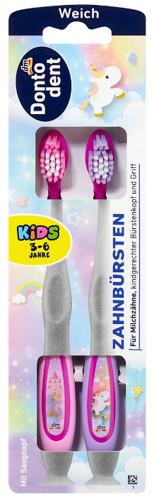 Дитячі щітки м'які 3-6 років, 2 шт. "Єдиноріжки" Dontodent Kids Німеччина, фото 1