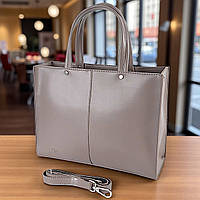 Велика жіноча сумка через плече темно бежева з екошкіри з довгим плечовим ременем вміщує А4