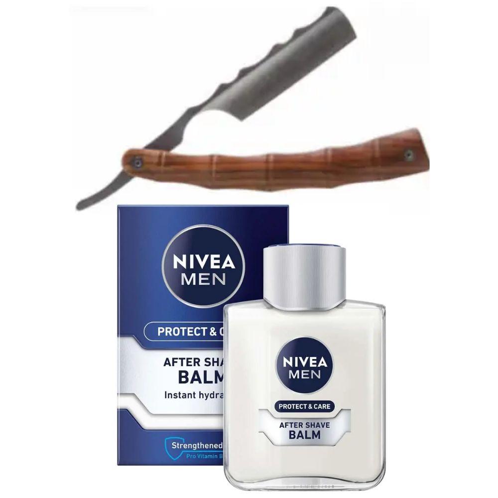 Небезпечна бритва/шавета розкладна Straight Razor + бальзам після гоління Nivea Men Protect & Care 100 мл, фото 1