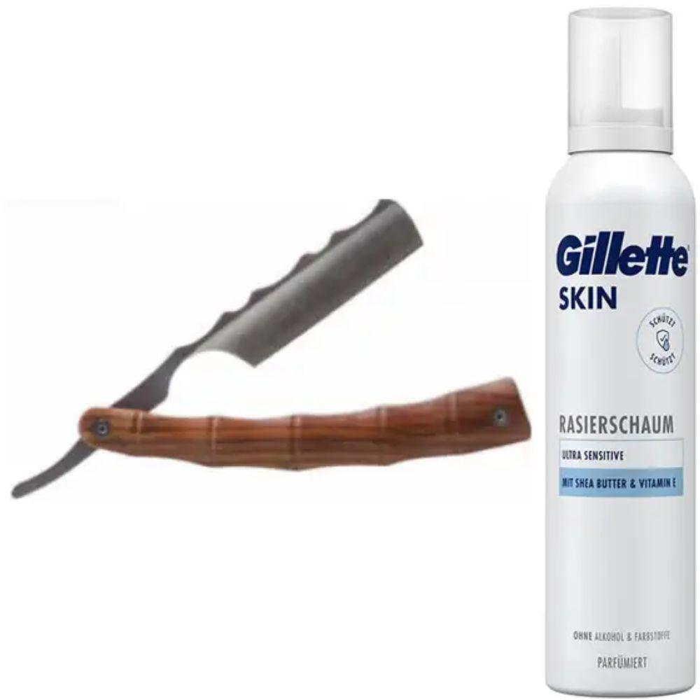 Небезпечна бритва/шавета розкладна Straight Razor + піна для гоління Gillette Skin Ultra Sensitive для надчутливої шкіри, фото 1