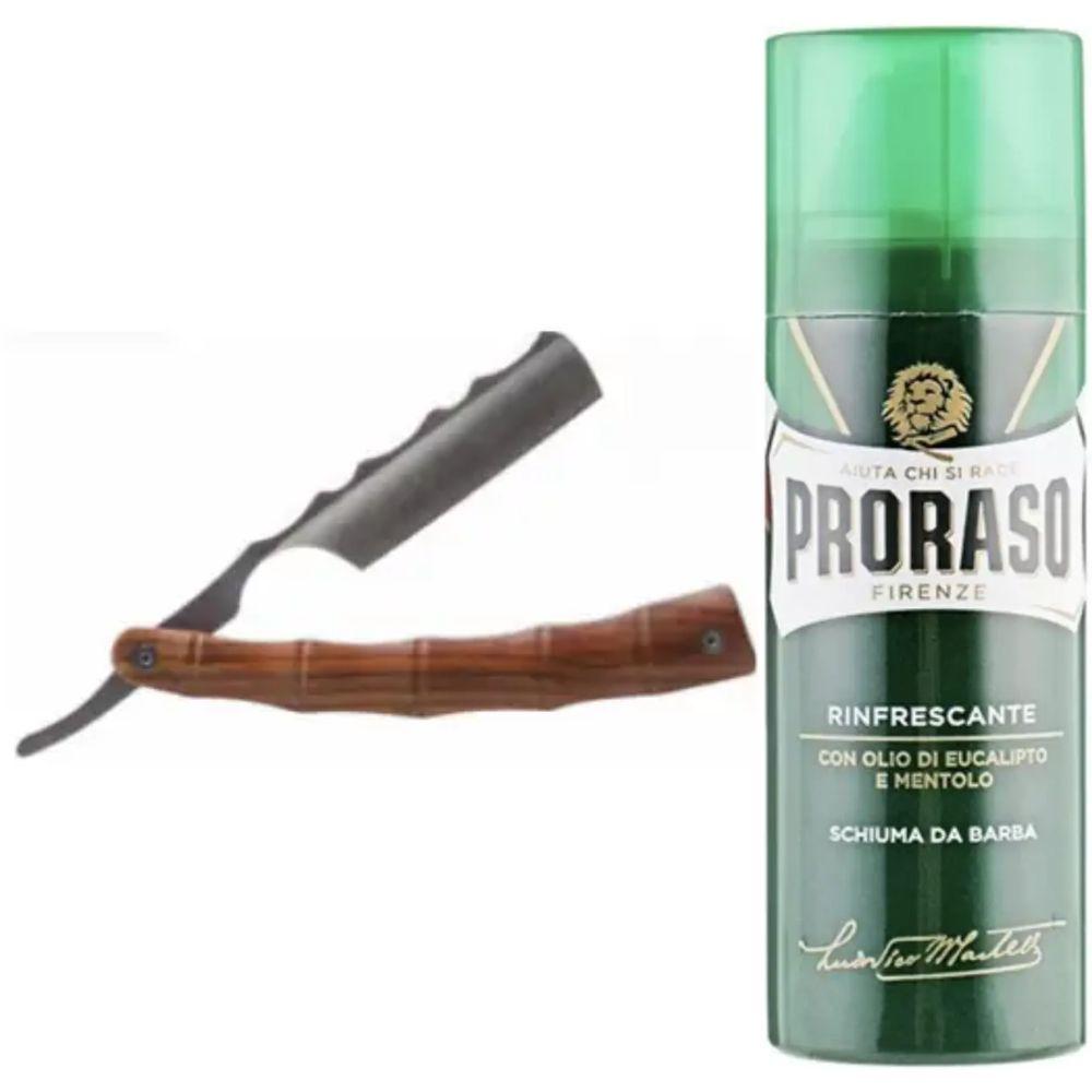 Небезпечна бритва/шавета розкладна Straight Razor + піна для гоління Proraso тонізуюча з евкаліптом і ментолом 100 мл, фото 1