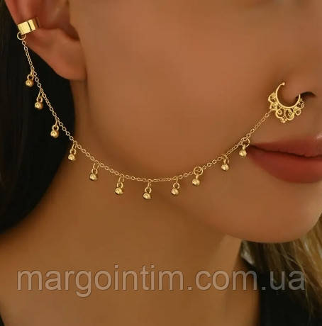 Ланцюжок для носа та вуха Індійський / Прикраса для обличчя,носа,вуха/Подарунок /Для фотосесії, весіль, фото 1