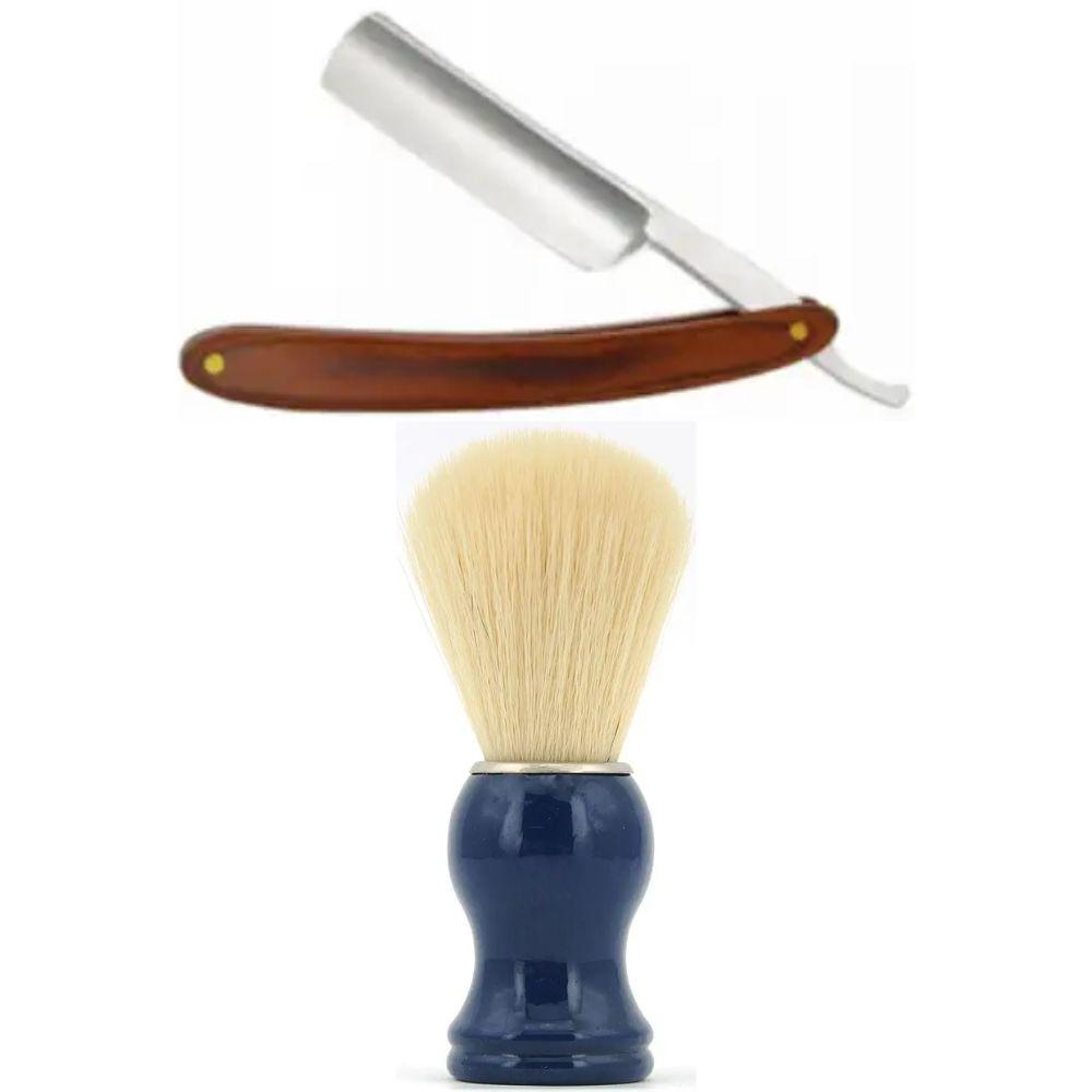 Небезпечна бритва/шавета розкладна Straight Razor + помазок з дерева SHIMA з ворсом борсука синій, фото 1