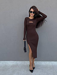 Жіноче в'язане плаття міді з розрізом і вирізом на грудях чорний бежевий шоколад, розмір 40-48 єдиний, Туреччина