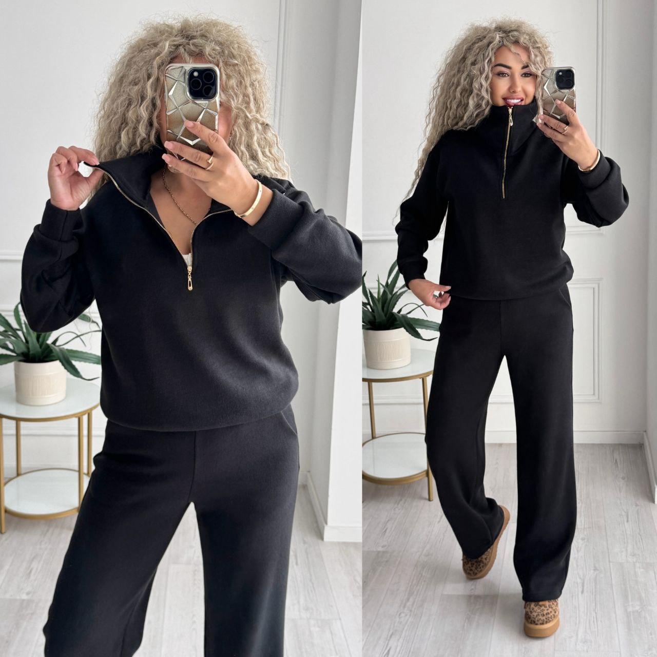 Теплий чорний жіночий костюм зі щільного трикотажу у вільному стилі, фото 1