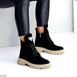 Круті чорні черевики повсякденні натуральна замша на бежевій підошві