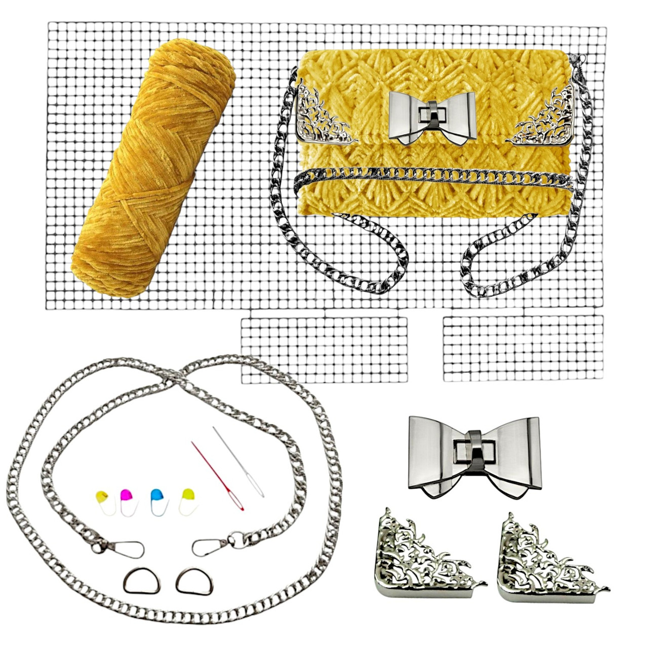 Канва+Замок Бантік+ Нитки темно жовтий+Куточки для клапана №1 + Ручка-ланцюжок колір срібло Набір для сумки з канви, фото 1