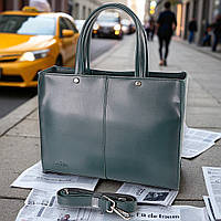 Велика жіноча сумка через плече зелена з екошкіри містка сумка з довгим плечовим ременем вміщує А4