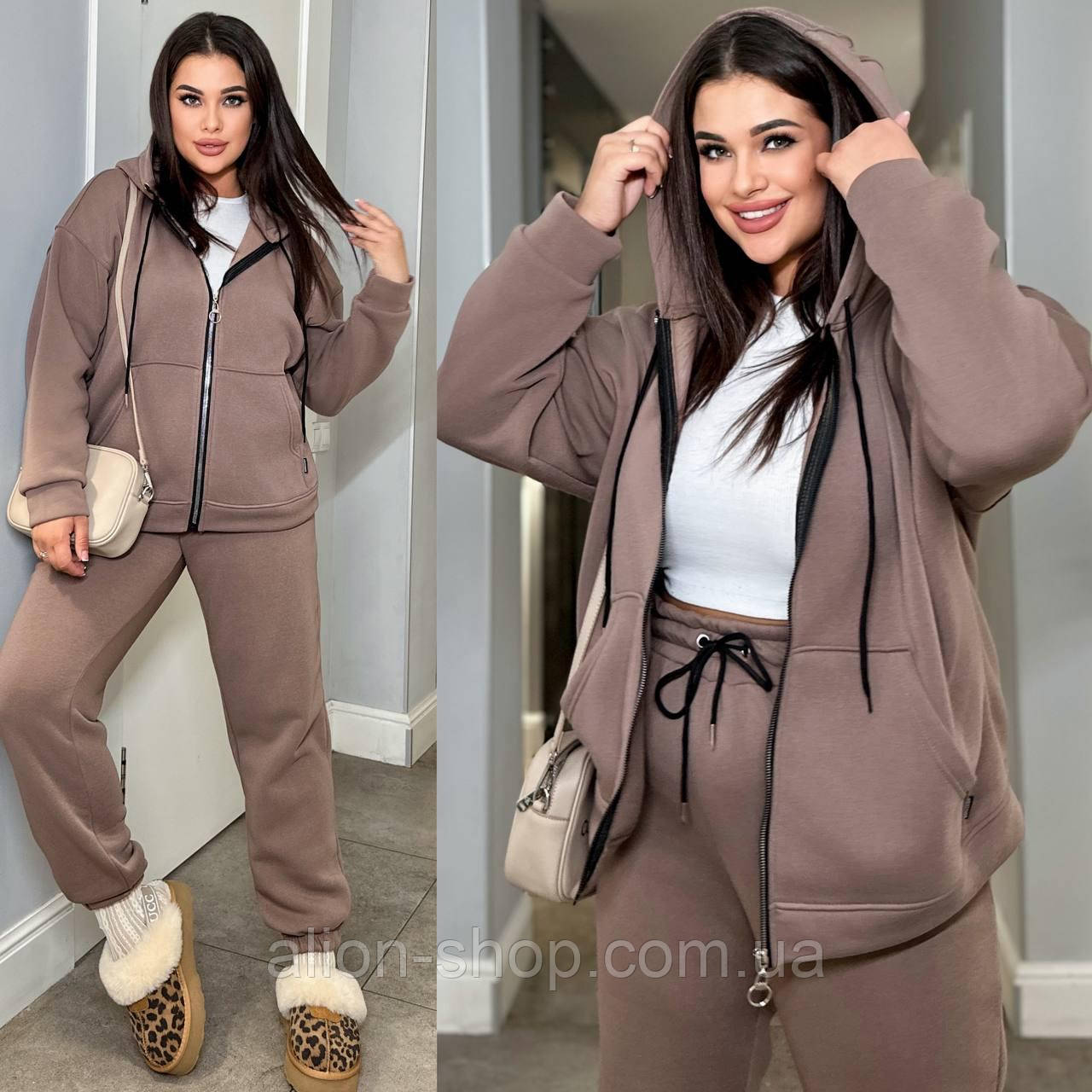 Костюм жіночий теплий спортивний з тринитки на флісі із кофтою на молнії (Батал), фото 1