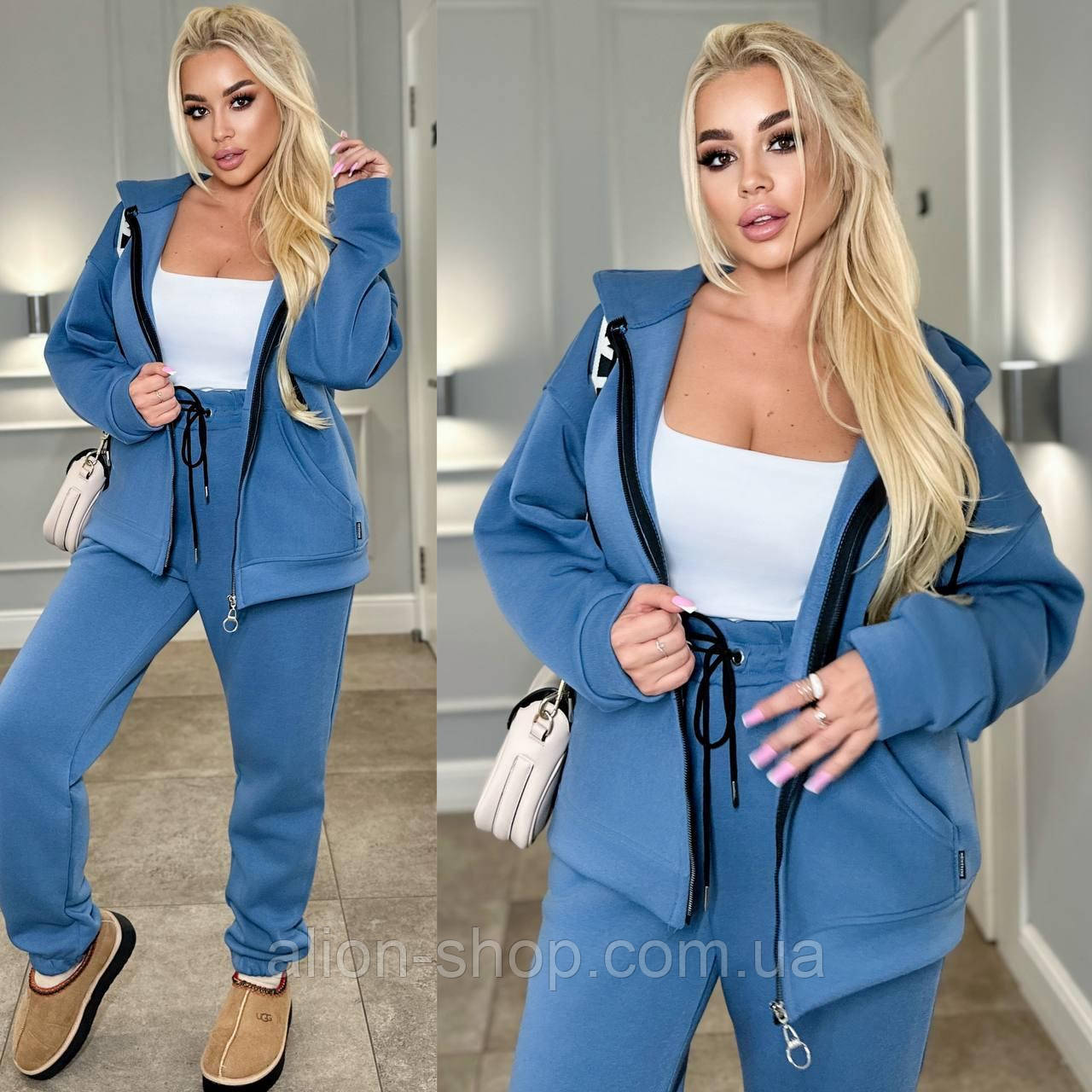 Костюм жіночий теплий спортивний з тринитки на флісі із кофтою на молнії (Батал), фото 1