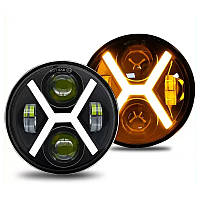 Фара LED ВАЗ 2103, 2106, позашляховики, мото 5.75 дюйма, 80W H4 з X-подібними ДХО 1шт