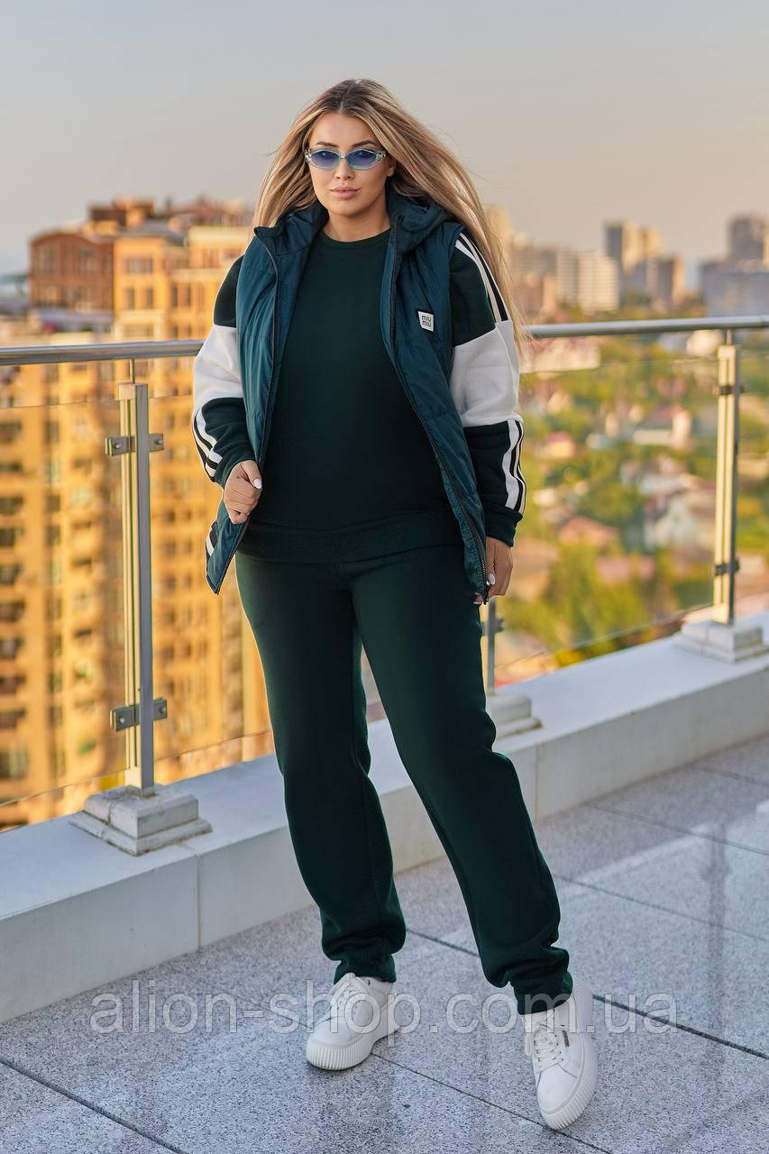 Жіночий теплий спортивний костюм трійка з тринитки на флісі з жилетом (Батал), фото 1