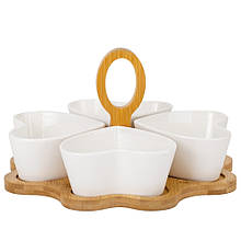 Набір з 4 керамічних піал (менажниця) "Серця" на бамбуковій підставці з ручкою 23*16 см