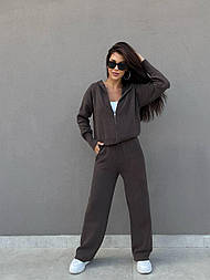 Жіночий в'язаний костюм із капюшоном і прямими штанами Туреччина, розмір 42-48, молоко, хакі, шоколад, блакитний