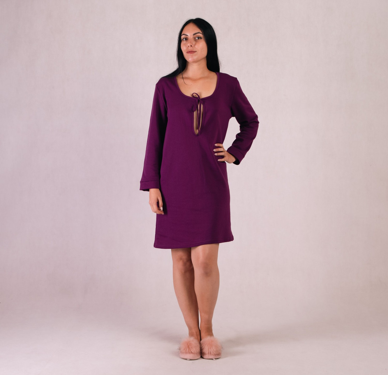 Нічна сорочка тепла із довгим рукавом на роді однотонна сливовий 48-60р.