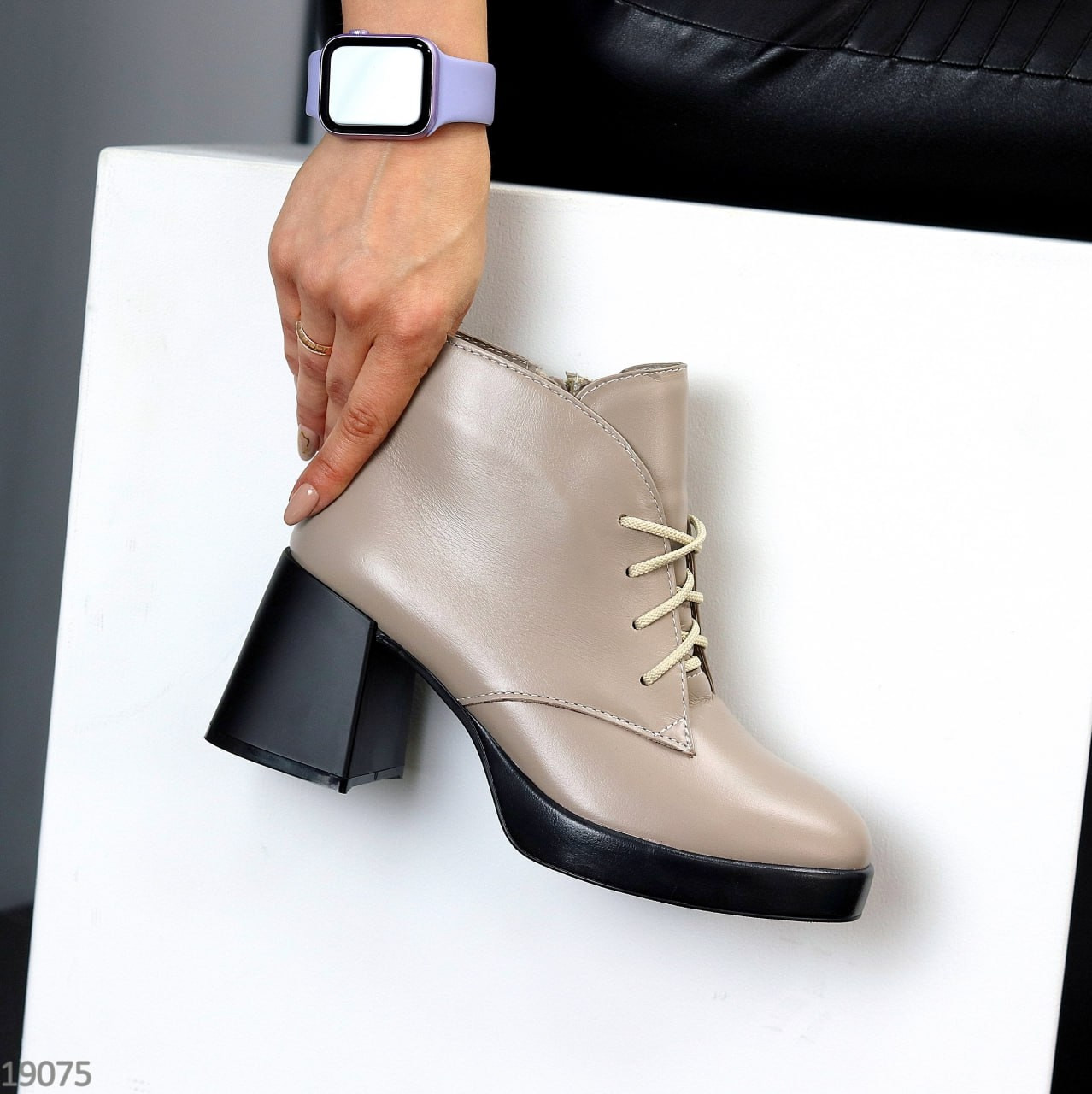 Шикарні бежеві ботильйони натуральна шкіра на стійкому підборі, фото 1