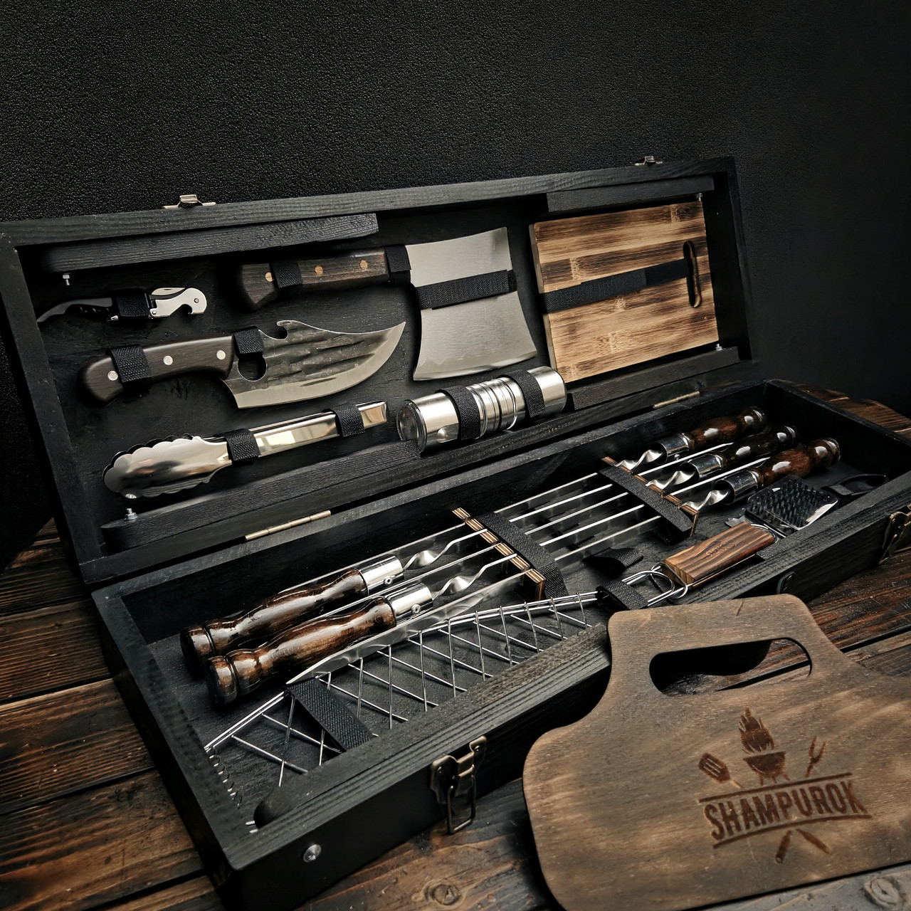 Подарунковий набір шампурів у дерев'яному кейсі-столику "Кулінар Браун", фото 1