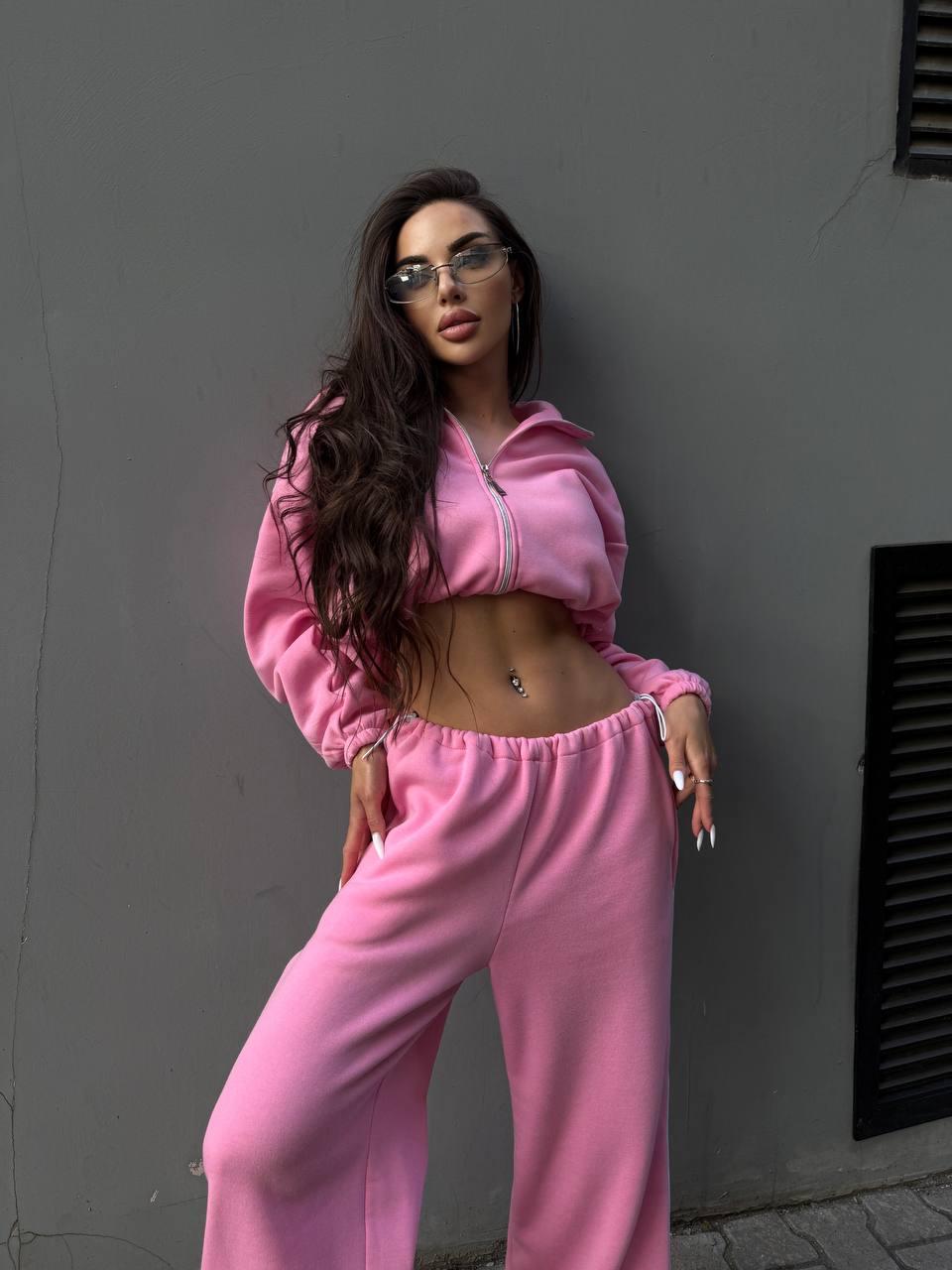 Рожевий жіночий повсякденний теплий костюм-двійка осінь-зима з тринитки на флісі: Штани та Худі на блискавці, фото 1