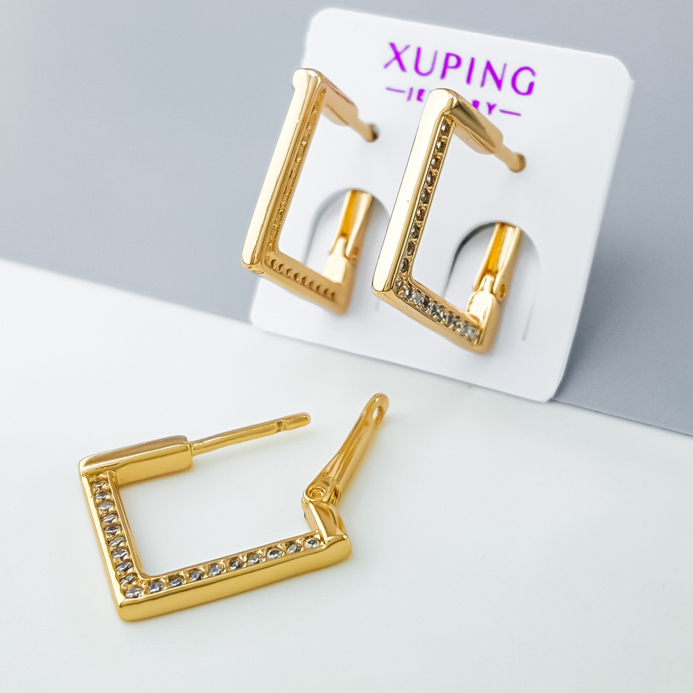Сережки "Квадрат" зі вставкою цирконію, англ.замок, медсплав Xuping, позолота 18К, фото 1