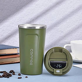 Термокухоль для кави та чаю 380 мл герметичний для подорожей металевий Термостакан з датчиком індикатором температури Зелений