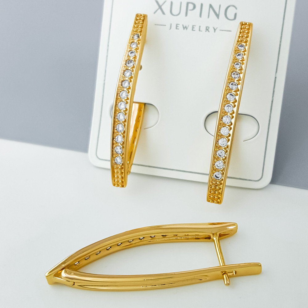 Сережки Доріжка з камінням, англ.замок, медзолото Xuping, позолота 18К, фото 1