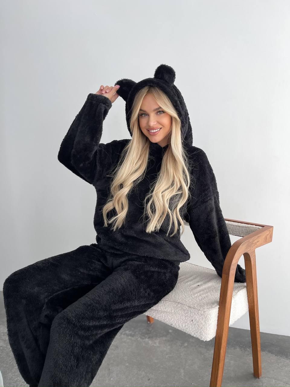 Жіночий домашній МАХРОВИЙ костюм  ПІЖАМА ВЕДМЕДИК штани кофта ЧОРНИЙ 1564, фото 1