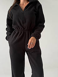 Чорний жіночий теплий комбінезон осінь-зима з двостороннього флісу з блискавкою та гумкою на талії