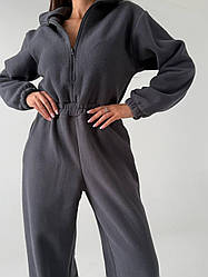 Графітовий жіночий теплий комбінезон осінь-зима з двостороннього флісу з блискавкою та гумкою на талії