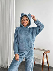 Жіночий домашній МАХРОВИЙ костюм ПІЖАМА ВЕДМЕДИК штани кофта СІРО-БЛАКИТНИЙ 1564