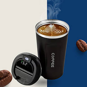 Термостакан з датчиком індикатором температури 380 мл Чорний Термокухоль для кави та чаю герметичний для подорожей металеви