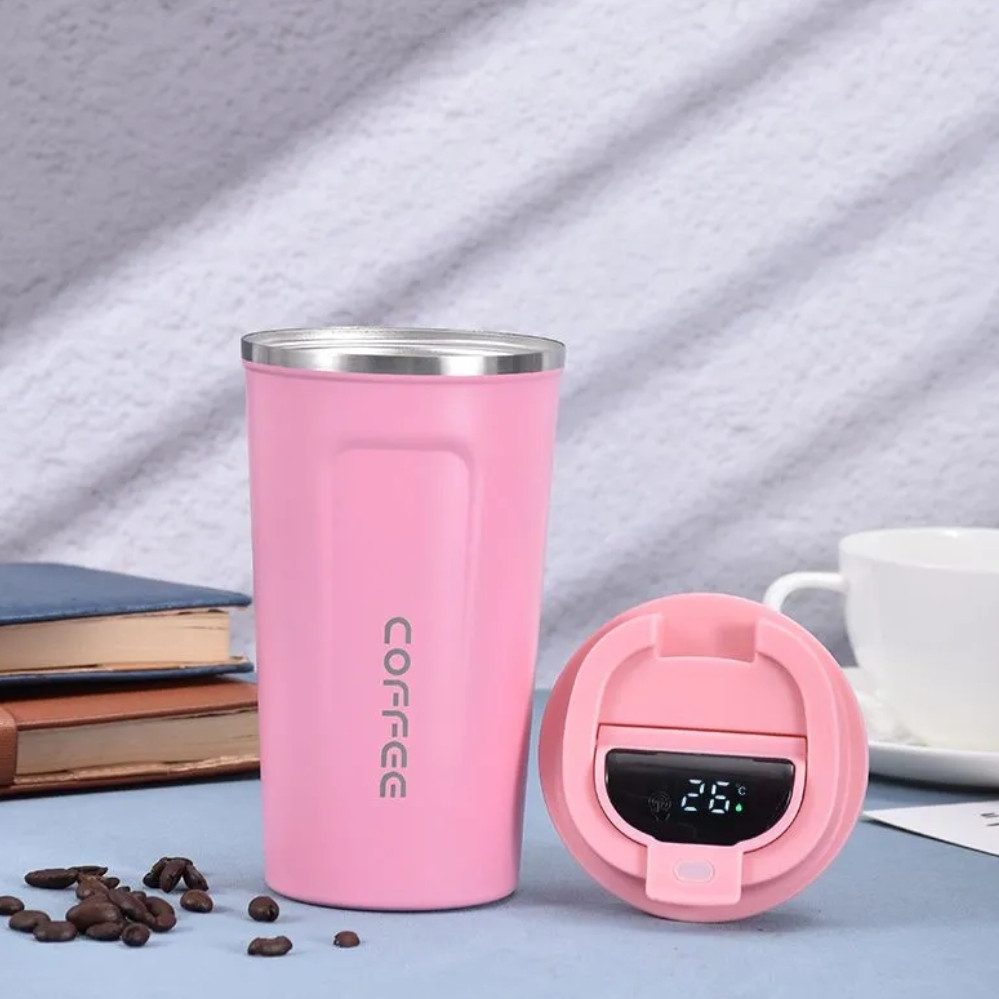 Термокухоль для кави та чаю 380 мл герметичний для подорожей металевий Термостакан з датчиком індикатором температури Рожевий, фото 1