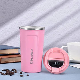 Термокухоль для кави та чаю 380 мл герметичний для подорожей металевий Термостакан з датчиком індикатором температури Рожевий