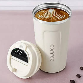 Термостакан з датчиком індикатором температури 380 мл Білий Термокухоль для кави та чаю герметичний для подорожей металевий