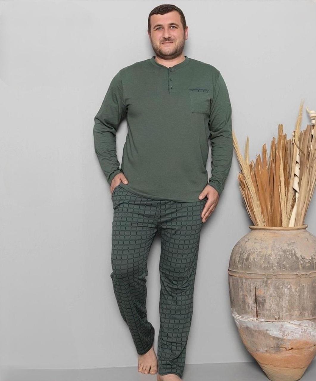 Чоловіча бавовняна піжама батал лонгслів та штани в клітину, хакі 3XL, фото 1