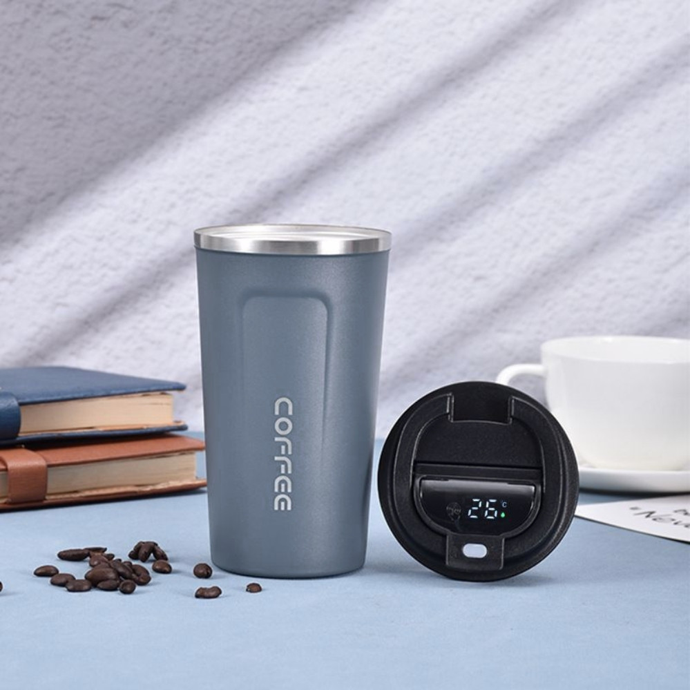 Термокухоль для кави та чаю 380 мл герметичний для подорожей металевий Термостакан з датчиком індикатором температури Сірий, фото 1