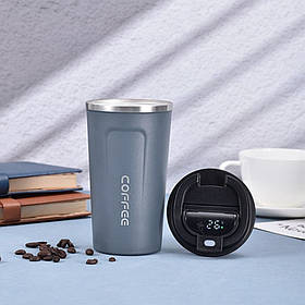 Термокухоль для кави та чаю 380 мл герметичний для подорожей металевий Термостакан з датчиком індикатором температури Сірий