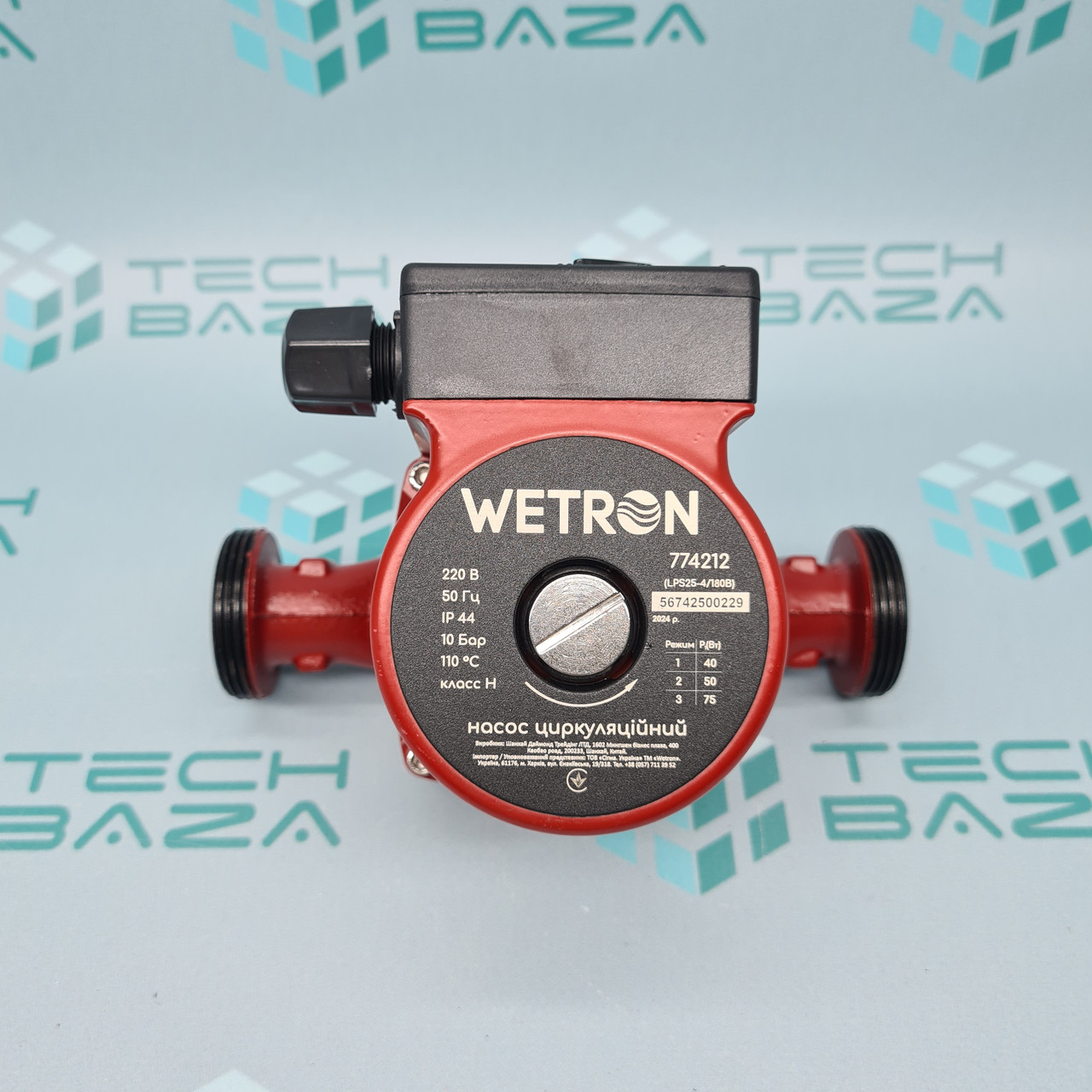 Насос циркуляційний 75Вт Hmax 4м Qmax 40л/хв Ø1½" 180мм бордо+гайки Ø1" WETRON LР525–4/180В (774212)