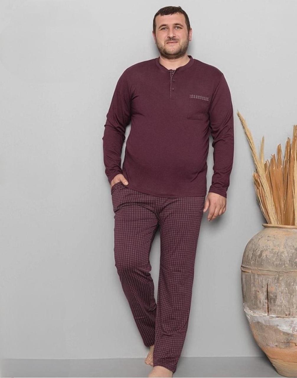 Чоловіча бавовняна піжама батал лонгслів та штани в клітину, бургунді 3XL, фото 1