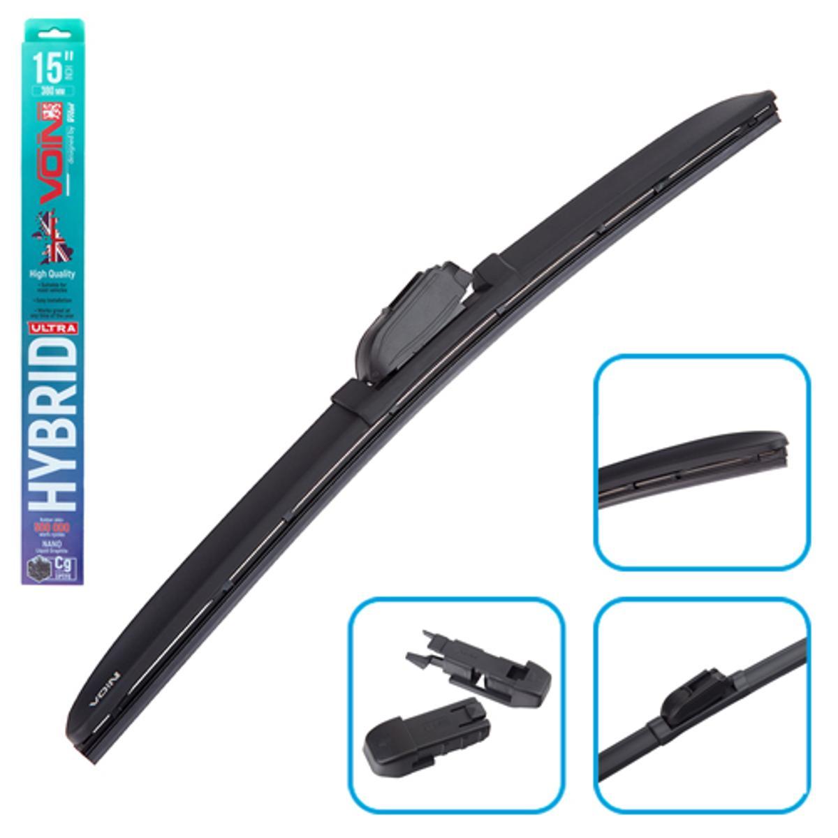 Двірники 15"-380мм. (Щітки склоочисника гібридні VOIN 15"-380мм (TPX6M-15") HYBRID Ultra (3 адаптера), фото 1