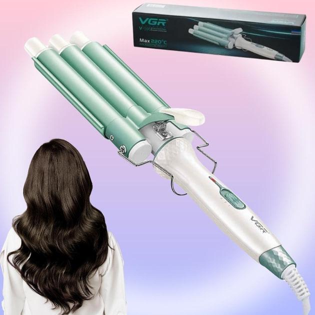 Плойка для локонів на три хвилі для завивки волосся, щипці VGR V-595 Professional, біла