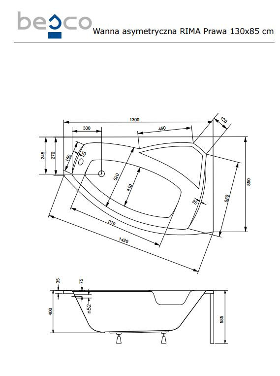 Ванна акриловая RIMA 130х85 BESCO правосторонняя - фото 3 - id-p480843604