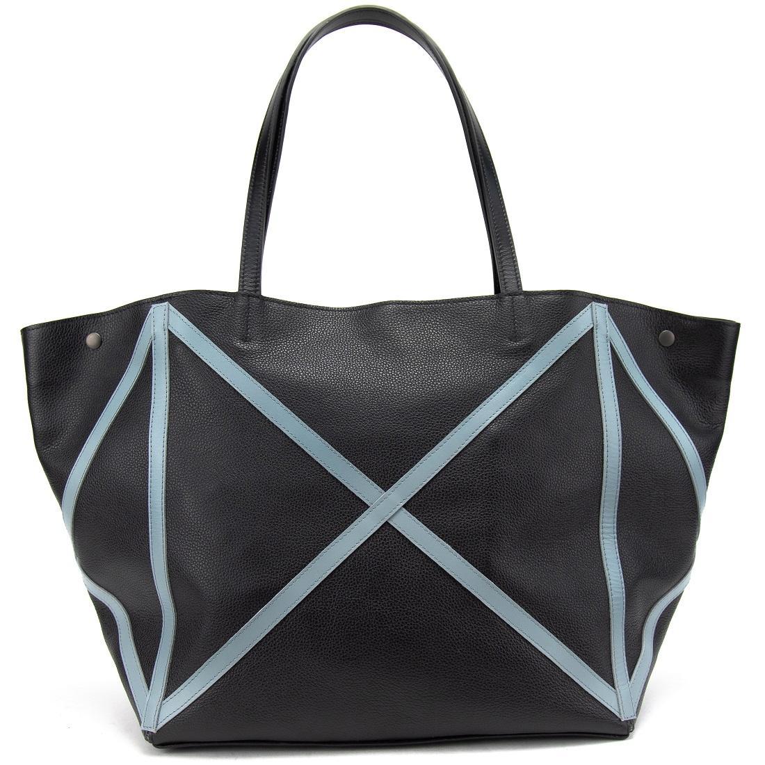 Шопер жіночий шкіряний з блакитними швами Tavinchi CH-4835ABL-FL чорна, фото 1