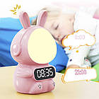 Дитячий годинник з будильником і USB, Кролик Rabbit, Рожевий / Настільний годинник для дітей із підсвіткою / Годинник-нічник, фото 4