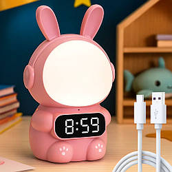 Дитячий годинник з будильником і USB, Кролик Rabbit, Рожевий / Настільний годинник з підсвіткою / Місячий нічник