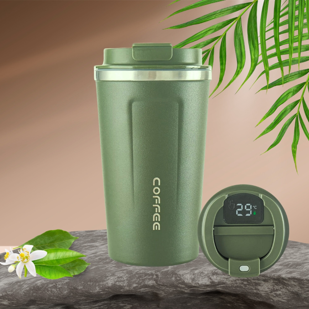 Термокухоль металевий для гарячих та холодних напоїв 510мл герметичний термостакан з датчиком температури Зелений, фото 1